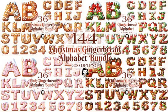 4 Sets of Christmas Gingerbread Alphabet for Illustrations