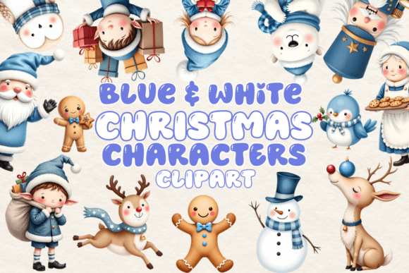 Blue and White Christmas Characters for Illustrations