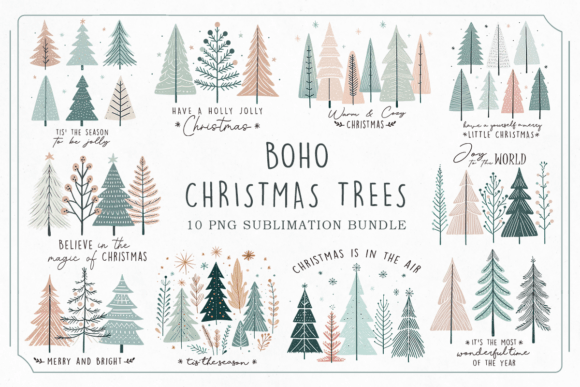 Boho Christmas Trees PNG Bundle: Modern Illustrations for Brand Storytelling