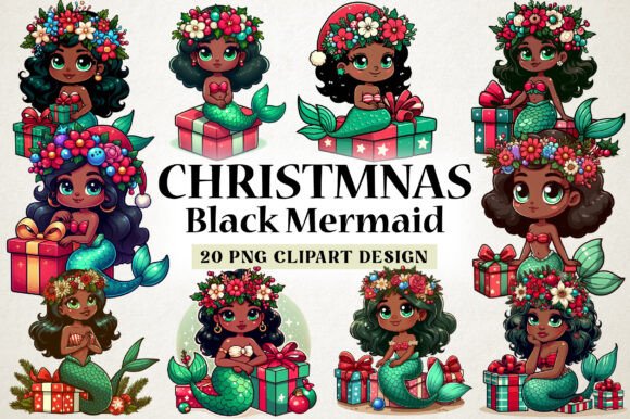 Christmas Black Girl Mermaid Png Clipart for Modern Illustrations