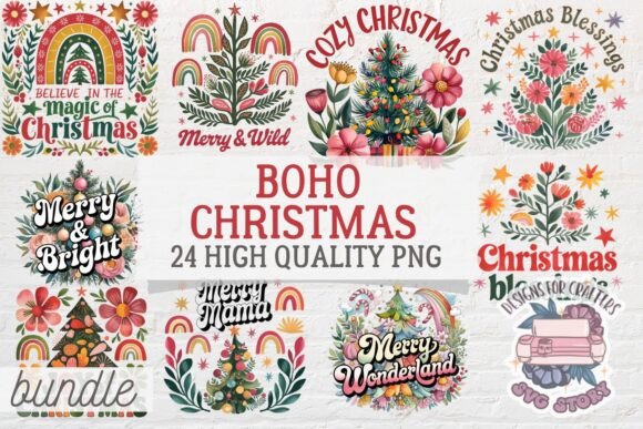Christmas Boho Bundle 24 PNG Sublimation for Illustrations