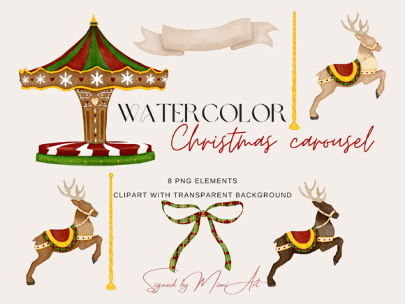 Christmas Carousel Watercolor Clipart for Modern Illustrations