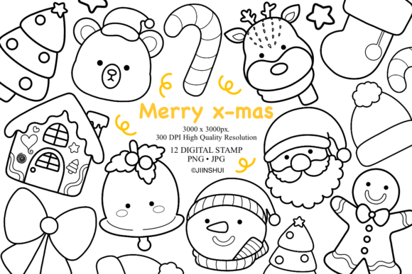 Christmas Digital Stamp, Coloring Pages for Illustrations