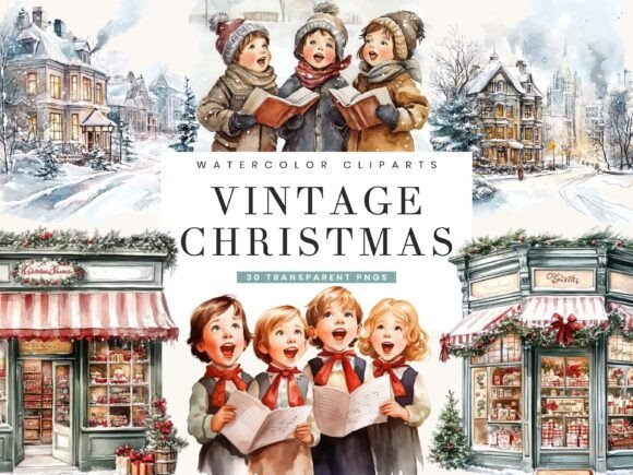 Christmas Holiday Vintage Clipart Bundle for Illustrations