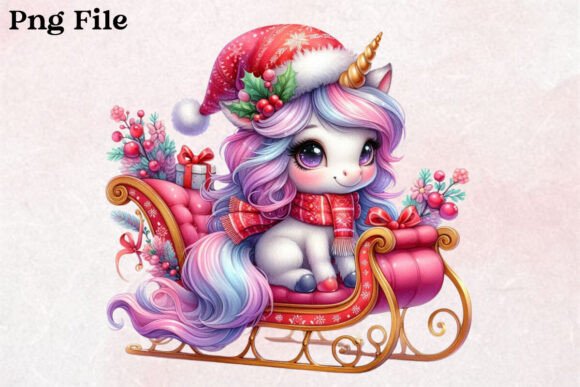 Christmas Unicorn with Sleigh Clipart for Modern Illustrations