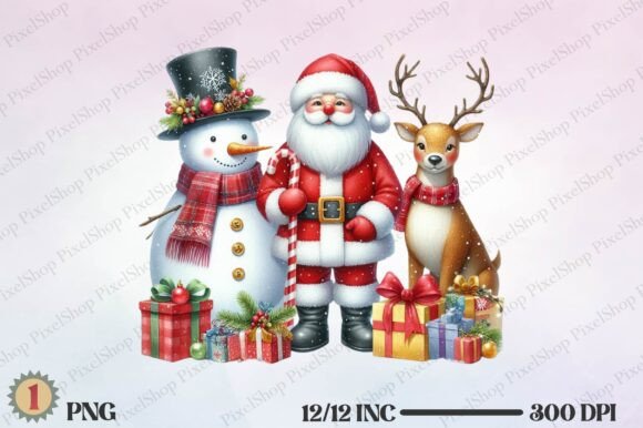 Cute Christmas Reindeer Santa Snowman in Illustrations