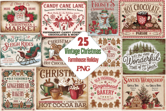 Holiday Sign,Vintage Christmas Farmhouse Illustrations