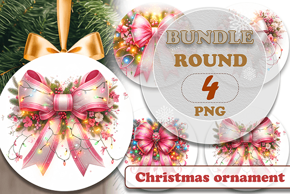 Pink Bow Christmas Round Ornaments Png for Brand Illustrations