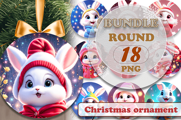 Round Christmas Ornaments Cute Bunny Png Illustrations