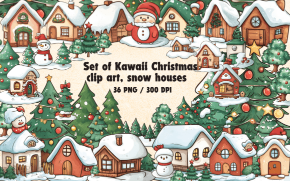 Set of Kawaii Christmas Clip Art, Houses for Illustrations