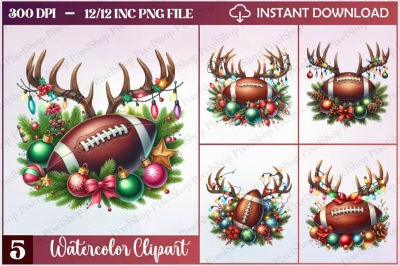 Watercolor Christmas Football Clipart for Illustrations
