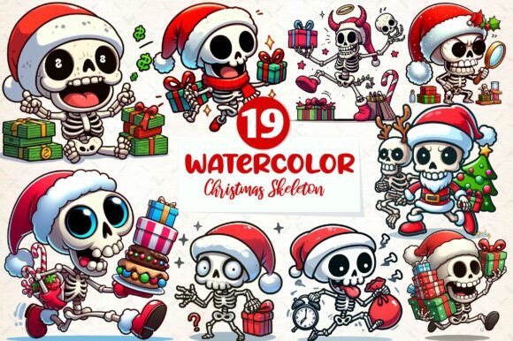 Watercolor Funny Christmas Skeleton Clip: Fresh Illustrations for Seasonal Content